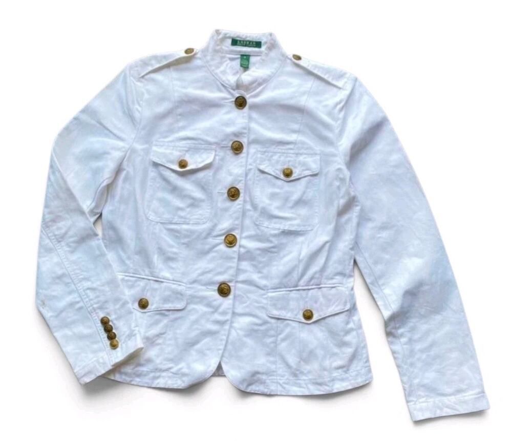 Ralph Lauren Vintage XL Cotton Blazer Women's White Gold Button Military Jacket